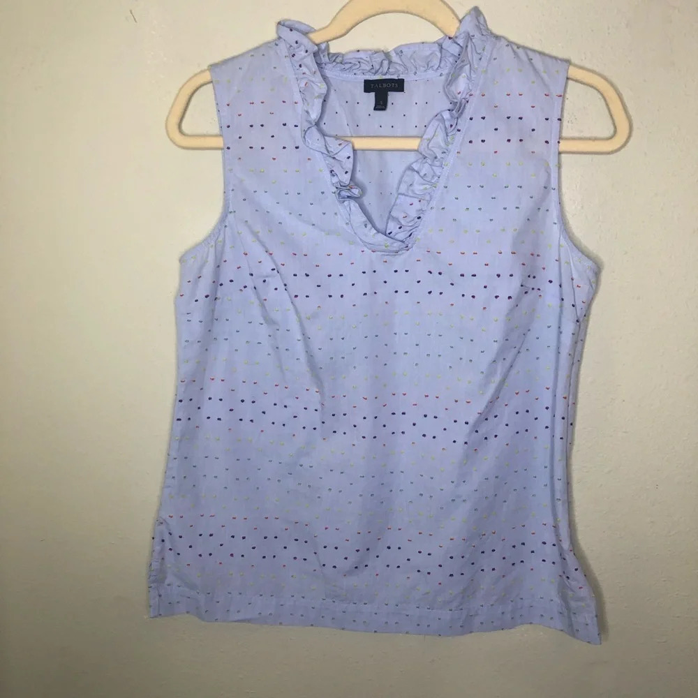 Talbots Blue Blouse with Textured Rainbow Dots Ruffle Collar Size Small